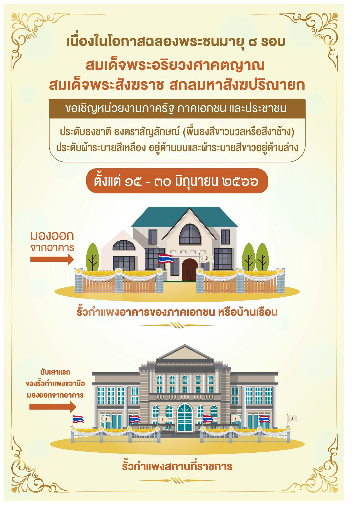 ขอเชิญชวนหน่วยงานภาครัฐ ภาคเอกชน และประชาชน ประดับธงชาติ ธงตราสัญลักษณ์เนื่องในโอกาสฉลองพระชนมายุ 8 รอบ สมเด็จพระอริยวงศาคตญาณ สมเด็จพระสังฆราช สกลมหาสังฆปริณายก