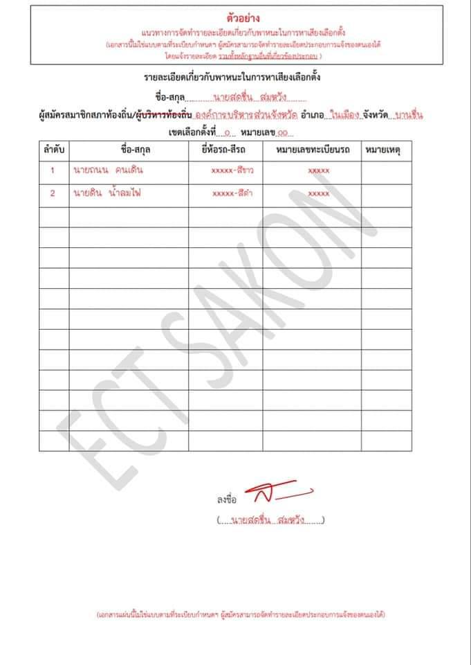 ภาพประกอบ ตัวอย่างการกรอกแบบฟอร์มคำร้องที่ใช้ในการหาเสียงเลือกตั้งสมาชิกสภาและนายกองค์การบริหารส่วนตำบลม่อนปิ่น