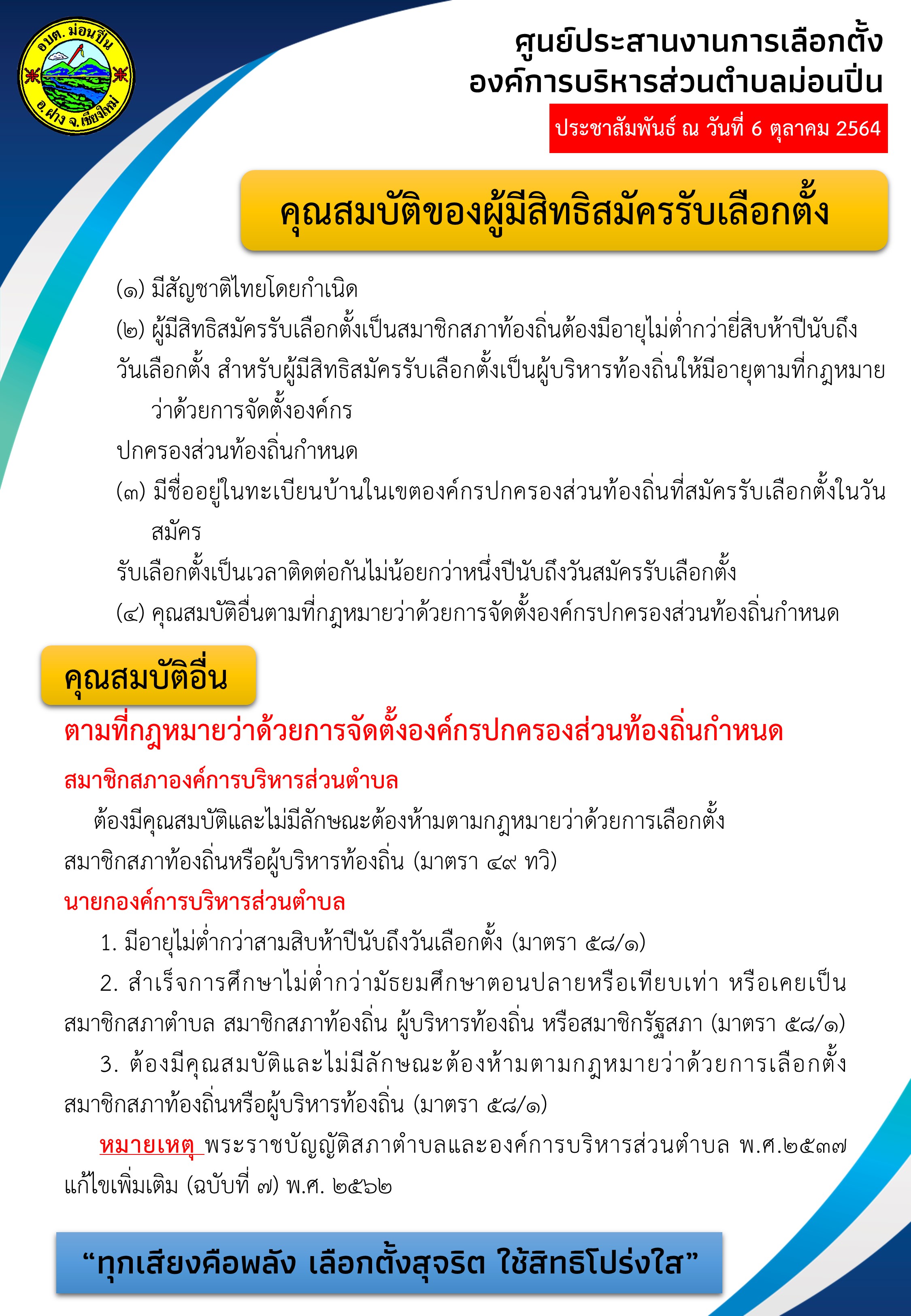 ภาพประกอบ คุณสมบัติและคุณสมบัติต้องห้ามสำหรับผู้มีสิทธิรับสมัครเลือกตั้งท้องถิ่น